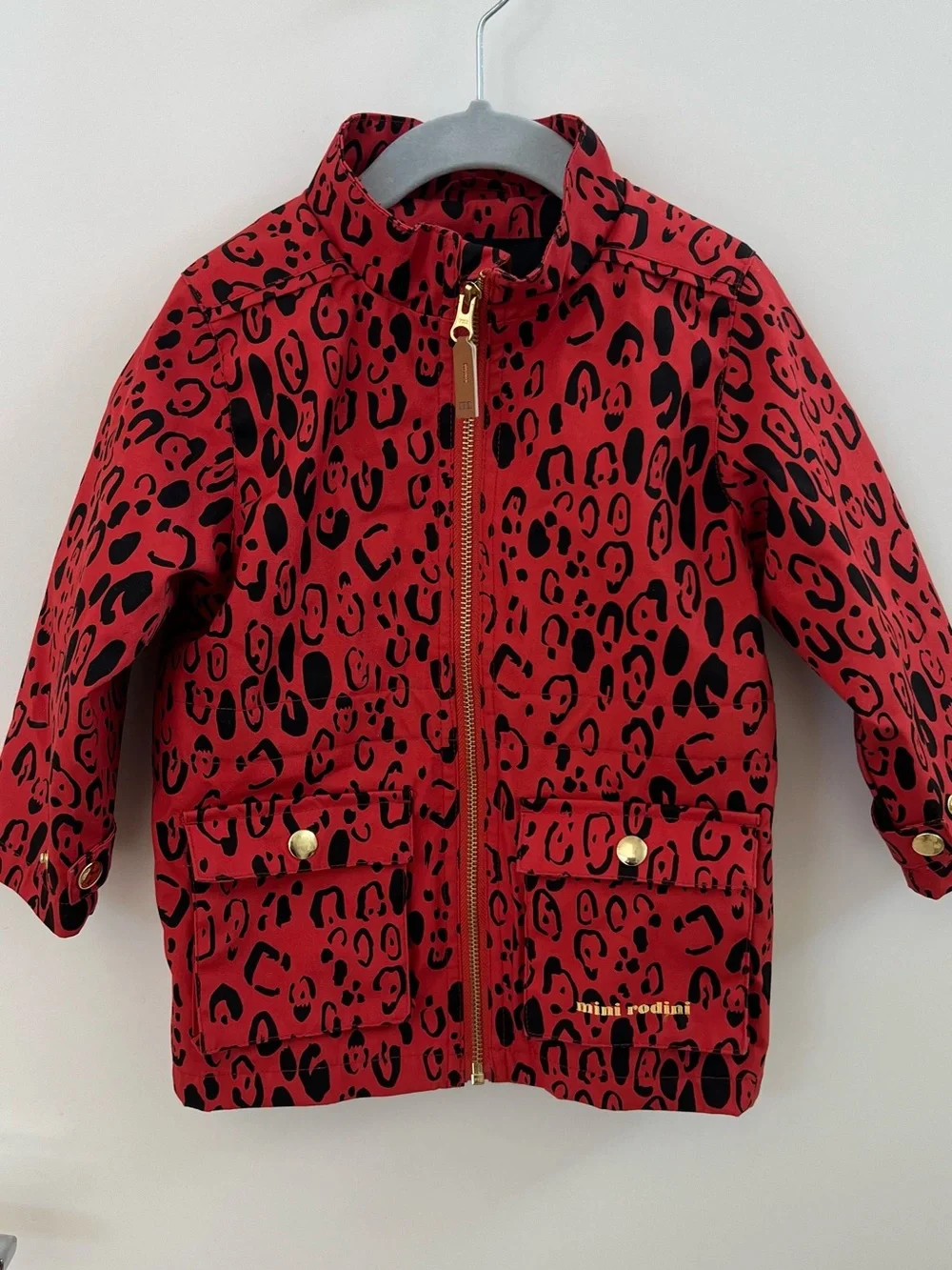 Mini Rodini Red & Black Leopard-Print Raincoat